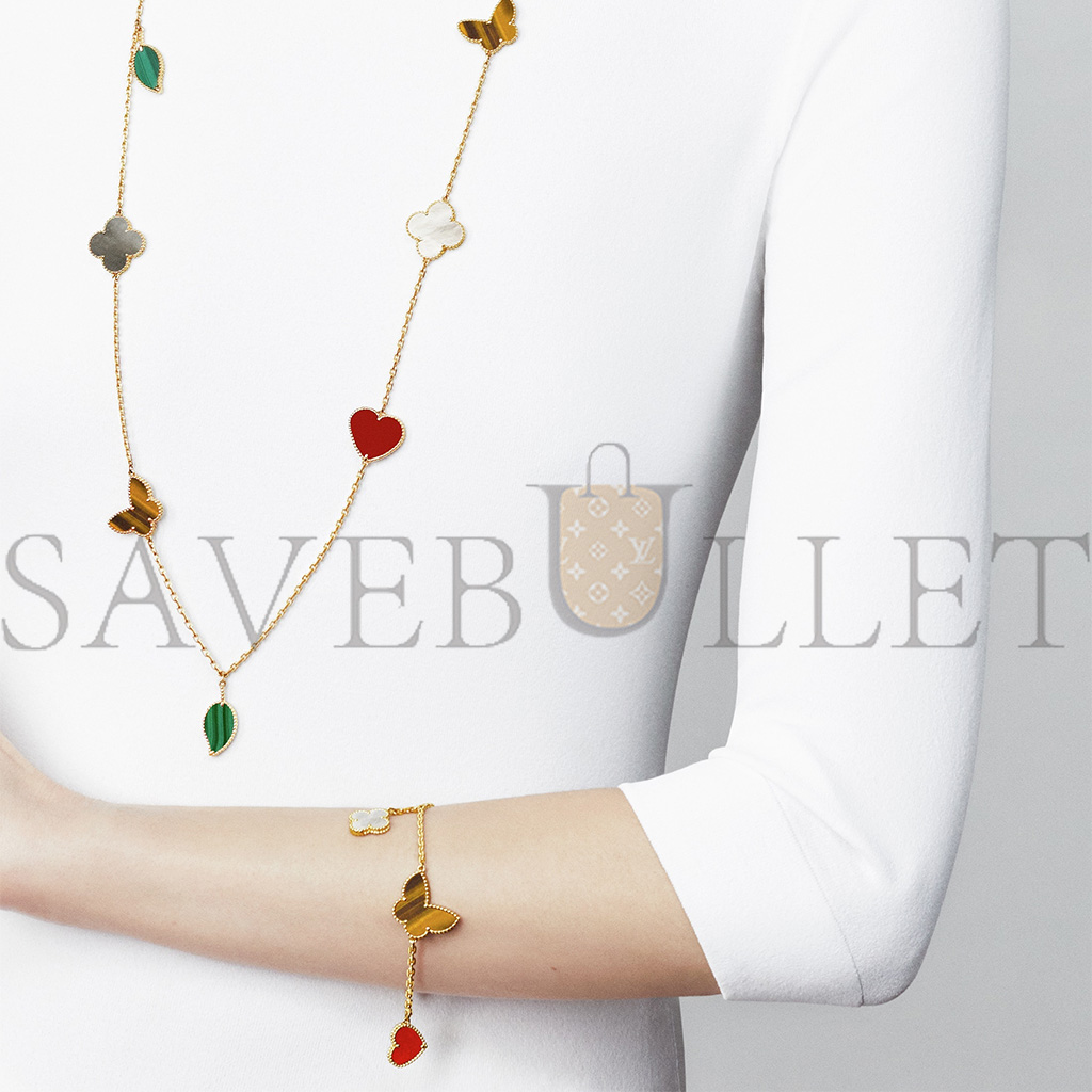VAN CLEEF ARPELS LUCKY ALHAMBRA BRACELET, 4 MOTIFS - YELLOW GOLD, CARNELIAN, MALACHITE, MOTHER-OF-PEARL, TIGER EYE VCARD79600 VAN CLEEF ARPELS LUCKY ALHAMBRA BRACELET, 4 MOTIFS - YELLOW GOLD, CARNELIAN, MALACHITE, MOTHER-OF-PEARL, TIGER EYE VCARD79600